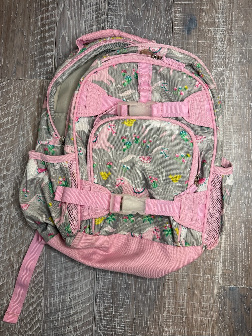 Pottery Barn Mackenzie Pink and Grey Horse / Unicorn Print Pink Backpack